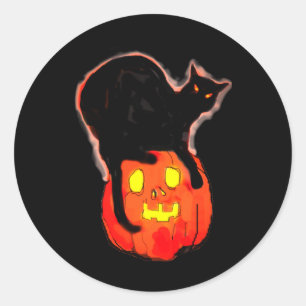 Halloween Black Cat op gloeiende Oranje pompoen Ronde Sticker