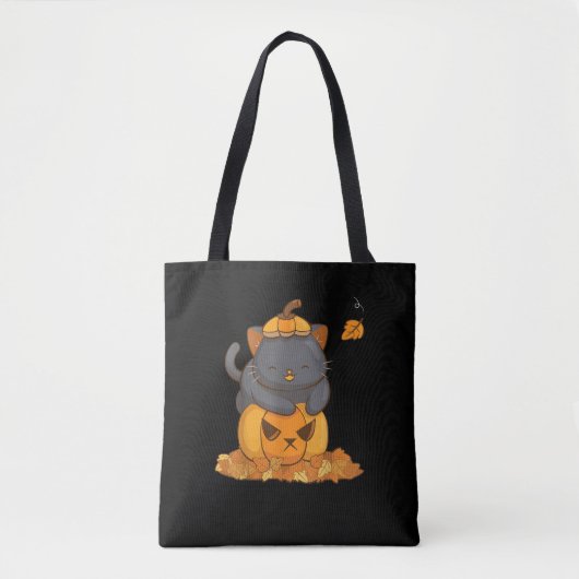 Halloween Black Cat op pompoen met doorsnee blader Tote Bag (Voorkant)