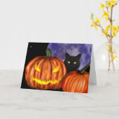 Halloween Black Cat Oranje Pumpkins Art Kaart (Gele Bloem)