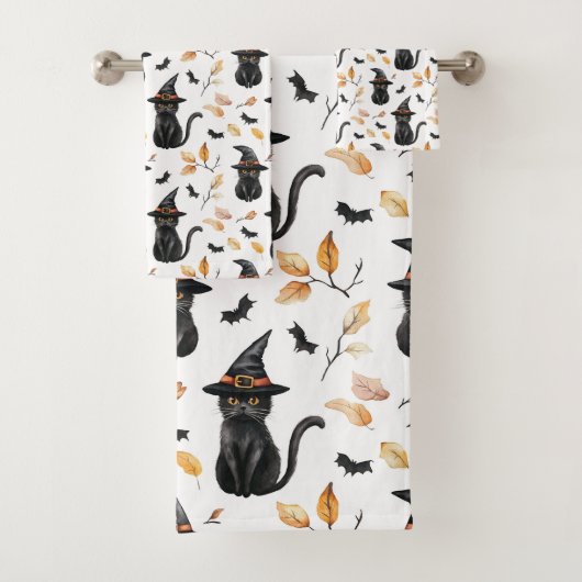 Halloween Black Cat Pattern - Witchy Cat Bad Handdoek (Insitu)