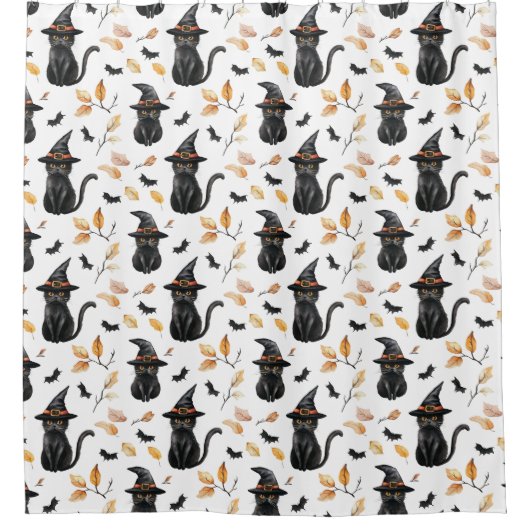 Halloween Black Cat Pattern - Witchy Cat Douchegordijn (Voorkant)