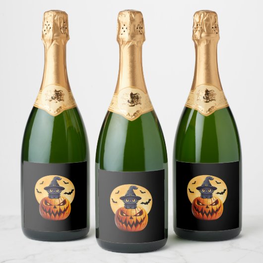Halloween Black Cat Pumpkin brengen opwinding Mann Sparkling Wijnetiket (Flessen)