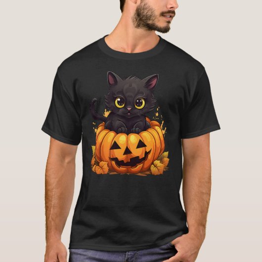 Halloween Black Cat Pumpkin Funny Spooky Kitty Boy T-shirt (Voorkant)