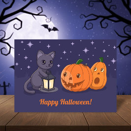 Halloween Black Cat, Pumpkins, Lantern on Purple Kaart