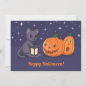 Halloween Black Cat, Pumpkins, Lantern on Purple Kaart (Voorkant)