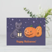 Halloween Black Cat, Pumpkins, Lantern on Purple Kaart (Staand voorkant)