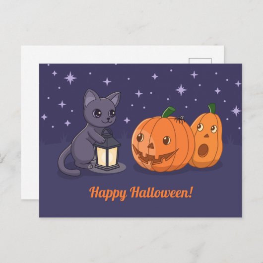 Halloween Black Cat Pumpkins Lantern Purple Briefkaart (Voorkant / Achterkant)