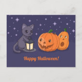 Halloween Black Cat Pumpkins Lantern Purple Briefkaart (Voorkant)