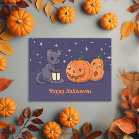 Halloween Black Cat Pumpkins Lantern Purple Briefkaart