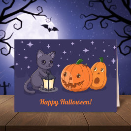 Halloween Black Cat Pumpkins Lantern Purple Kaart