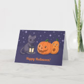 Halloween Black Cat Pumpkins Lantern Purple Kaart (Voorkant)
