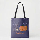 Halloween Black Cat Pumpkins Lantern Purple Tote Bag (Voorkant)
