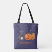 Halloween Black Cat Pumpkins Lantern Purple Tote Bag (Achterkant)