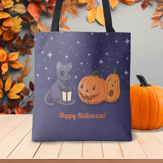 Halloween Black Cat Pumpkins Lantern Purple Tote Bag