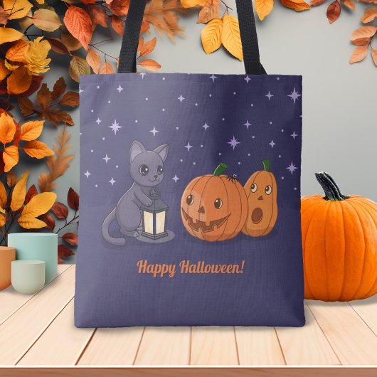 Halloween Black Cat Pumpkins Lantern Purple Tote Bag