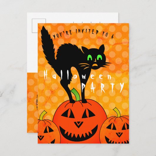 Halloween Black Cat Pumpkins Oranje Party Uitnodiging Briefkaart (Voorkant / Achterkant)