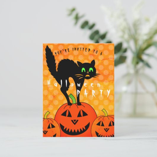 Halloween Black Cat Pumpkins Oranje Party Uitnodiging Briefkaart (Staand voorkant)