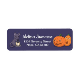 Halloween Black Cat Pumpkins Purple Return Address Etiket