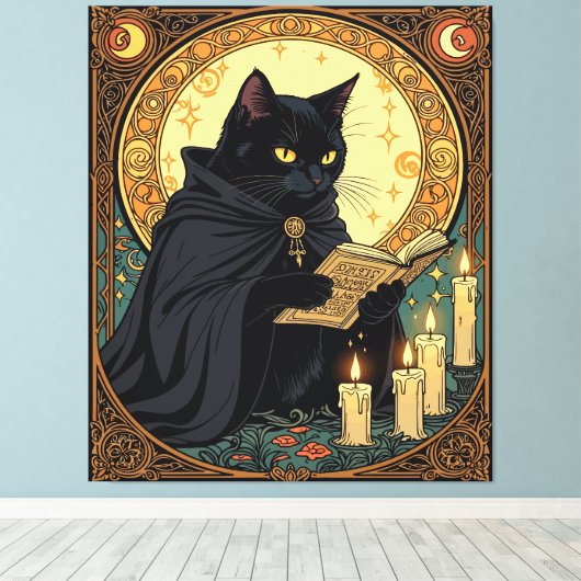 Halloween Black Cat Reading A Book Canvas Afdruk (Insitu (Houten vloer))