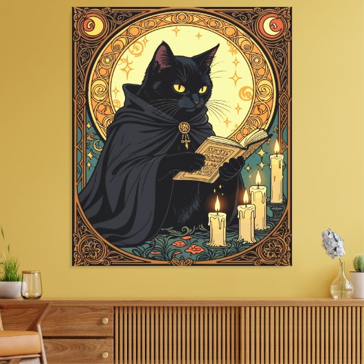 Halloween Black Cat Reading A Book Canvas Afdruk (Insitu (Woonkamer))