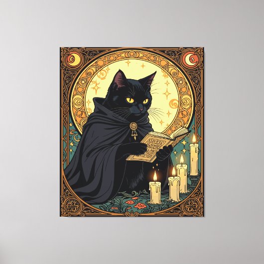 Halloween Black Cat Reading A Book Canvas Afdruk (Voorkant)
