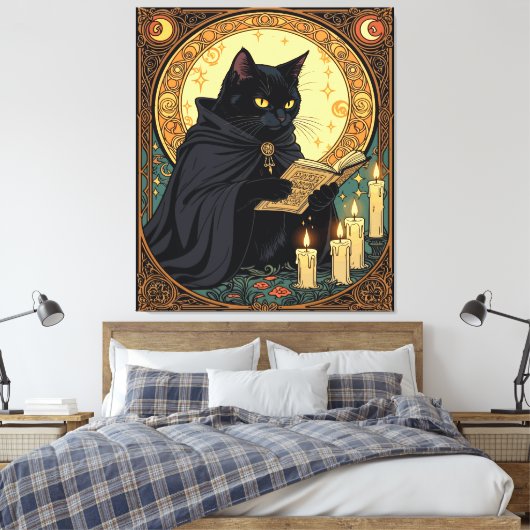 Halloween Black Cat Reading A Book Canvas Afdruk (Insitu (Slaapkamer))