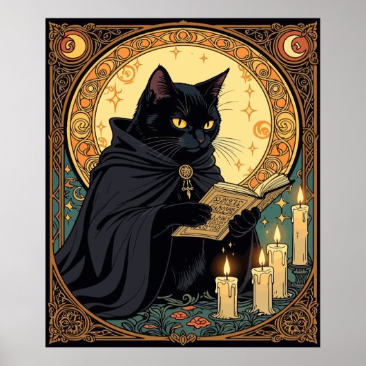 Halloween Black Cat Reading A Book Poster (Voorkant)