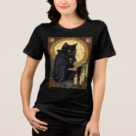 Halloween Black Cat Reading A Book Tri-Blend Shirt