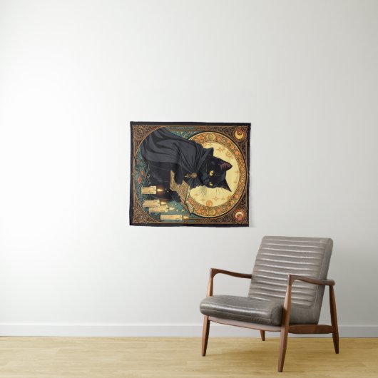 Halloween Black Cat Reading A Book Wandkleed (In Situ (horizontaal))