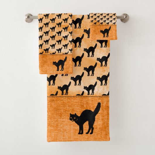 Halloween Black Cat Silhouette Pattern Oranje BG Bad Handdoek (Insitu)