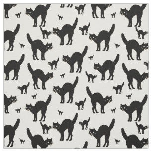 Halloween Black Cat Silhouette Pattern White BG Stof