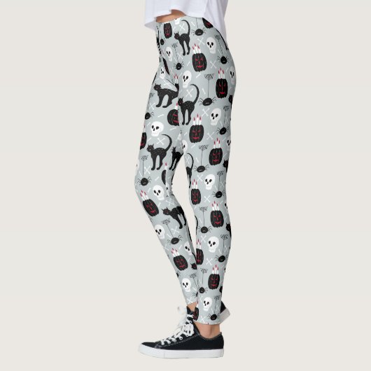 Halloween Black Cat Skulls, Spooky pumpkins Womens Leggings (Links)