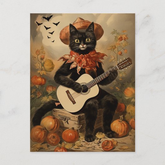  Halloween Black Cat Spelen Gitaar Feestdagenkaart (Voorkant)
