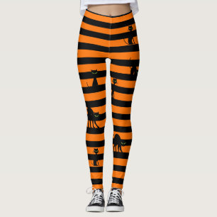 Halloween Black Cat & Stripes Leggings Oranje