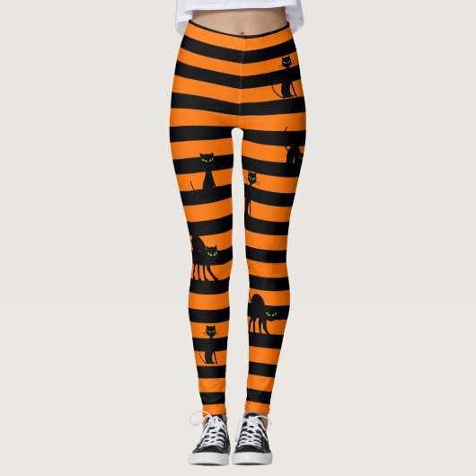 Halloween Black Cat & Stripes Leggings Sinaasappel (Voorkant)