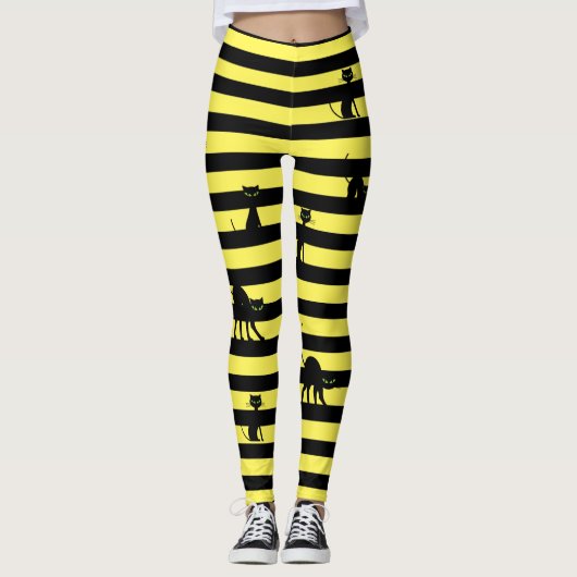 Halloween Black Cat & Stripes Leggings Yellow (Voorkant)