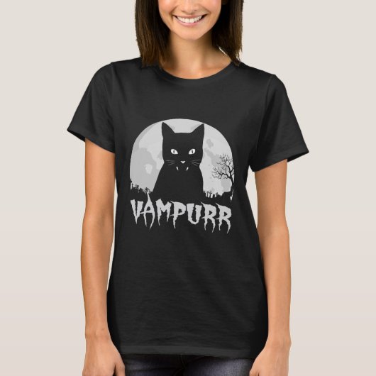 Halloween Black Cat Vampire met Full Moon - Vampu T-shirt (Voorkant)
