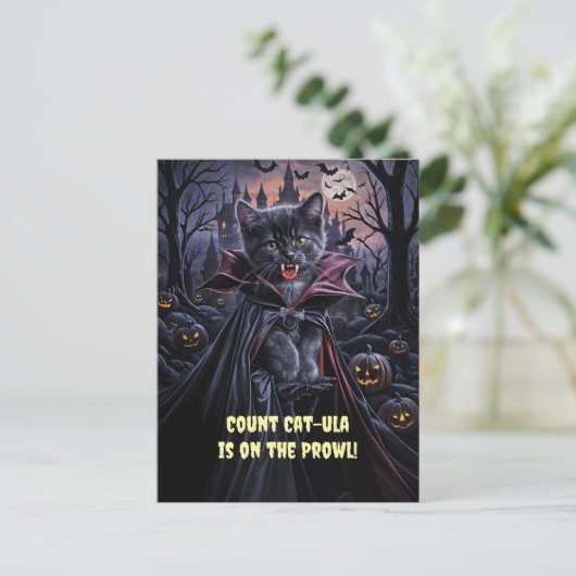 Halloween Black Cat Vampire Schattige Grappig Feestdagenkaart (Staand voorkant)