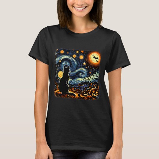 Halloween Black Cat Van Gogh Starry Night Cat Love T-shirt (Voorkant)