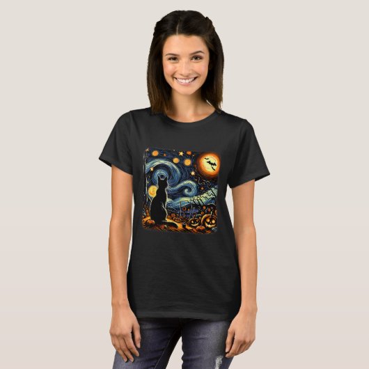 Halloween Black Cat Van Gogh Starry Night Cat Love T-shirt (Voorkant volledig)