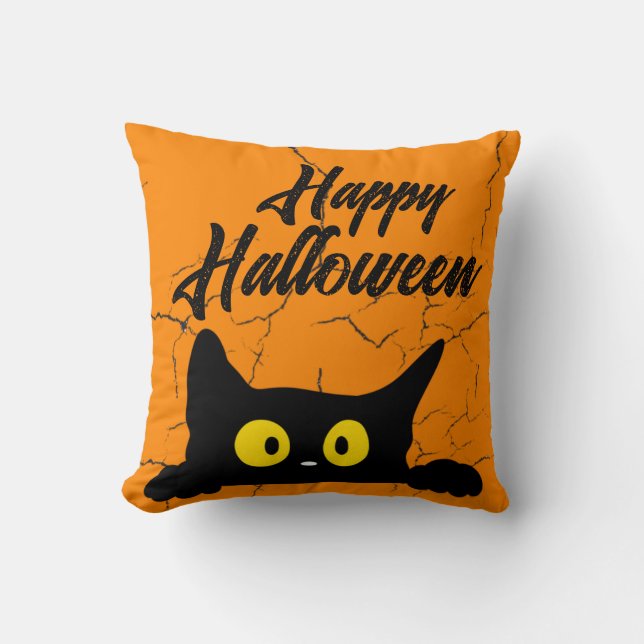 Halloween Black Cat Verdrietig Textuur Sinaasappel Kussen (Voorkant)