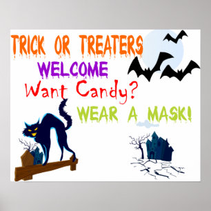 Halloween Black Cat Want Snoep Draag een masker Poster