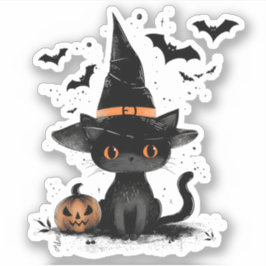 Halloween Black Cat Witch en vleermuizen Sticker