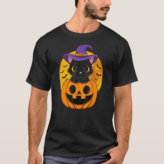 Halloween Black Cat Witch Hat Pumpkin T-shirt (Voorkant)