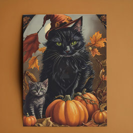Halloween Black Cat Witch Kitten Pompoenen Feestdagenkaart