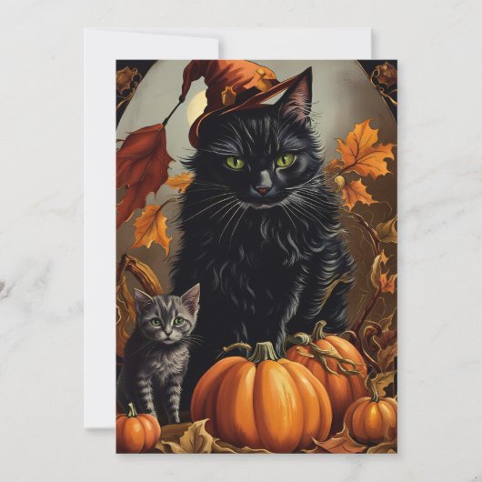  Halloween Black Cat Witch Kitten Pompoenen Feestdagenkaart (Voorkant)