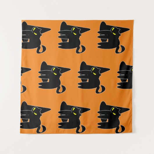  Halloween Black Cat Witch Oranje Wandkleed (Voorkant (horizontaal))