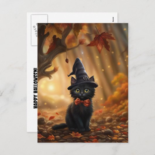 Halloween Black Cat Witch Pet Fall Bladeren Schatt Feestdagenkaart (Voorkant / Achterkant)