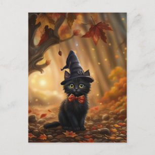 Halloween Black Cat Witch Pet Fall Bladeren Schatt Feestdagenkaart