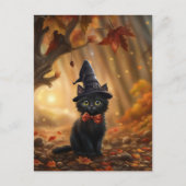 Halloween Black Cat Witch Pet Fall Bladeren Schatt Feestdagenkaart (Voorkant)
